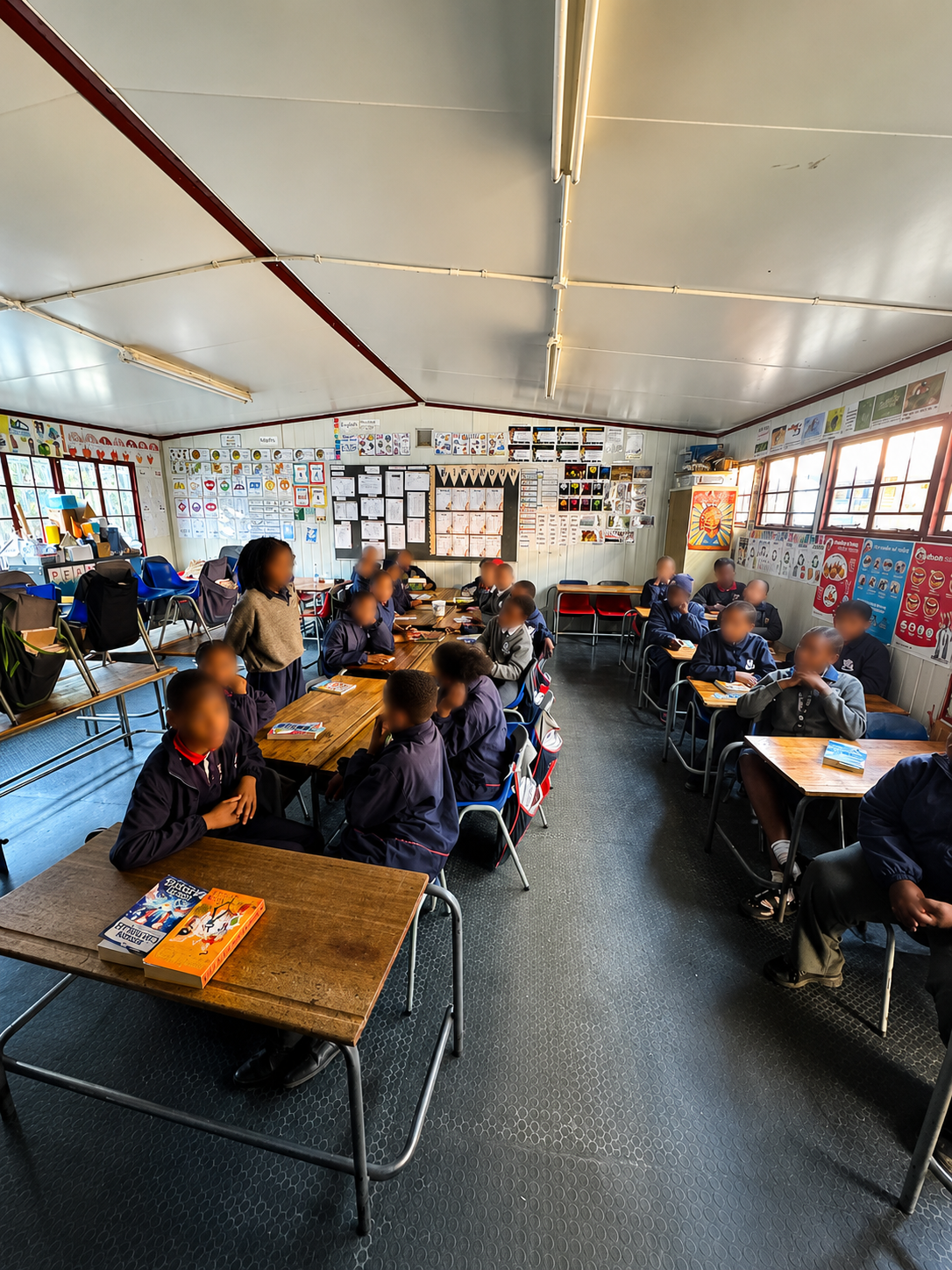 A classroom reading space with books
